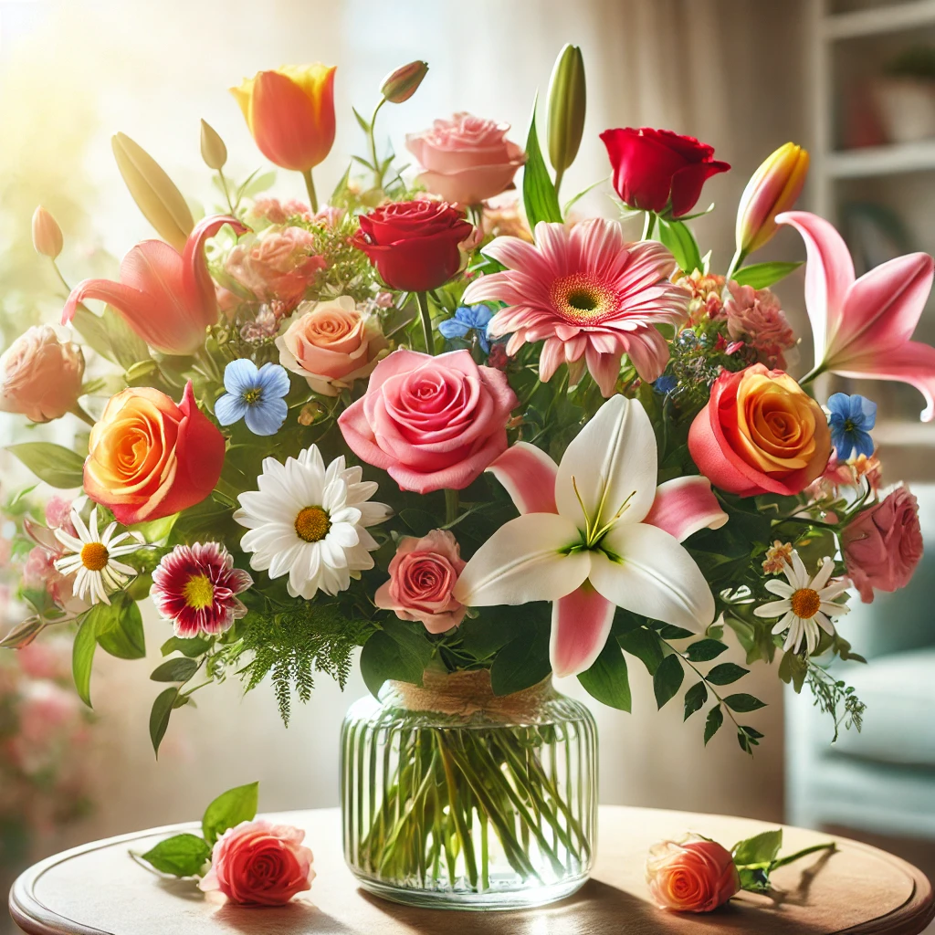 Composting process? 1 DALL·E 2025 03 15 13.30.01 A vibrant bouquet of assorted flowers including roses lilies tulips and daisies in a beautiful glass vase. The setting is a bright and airy room wi